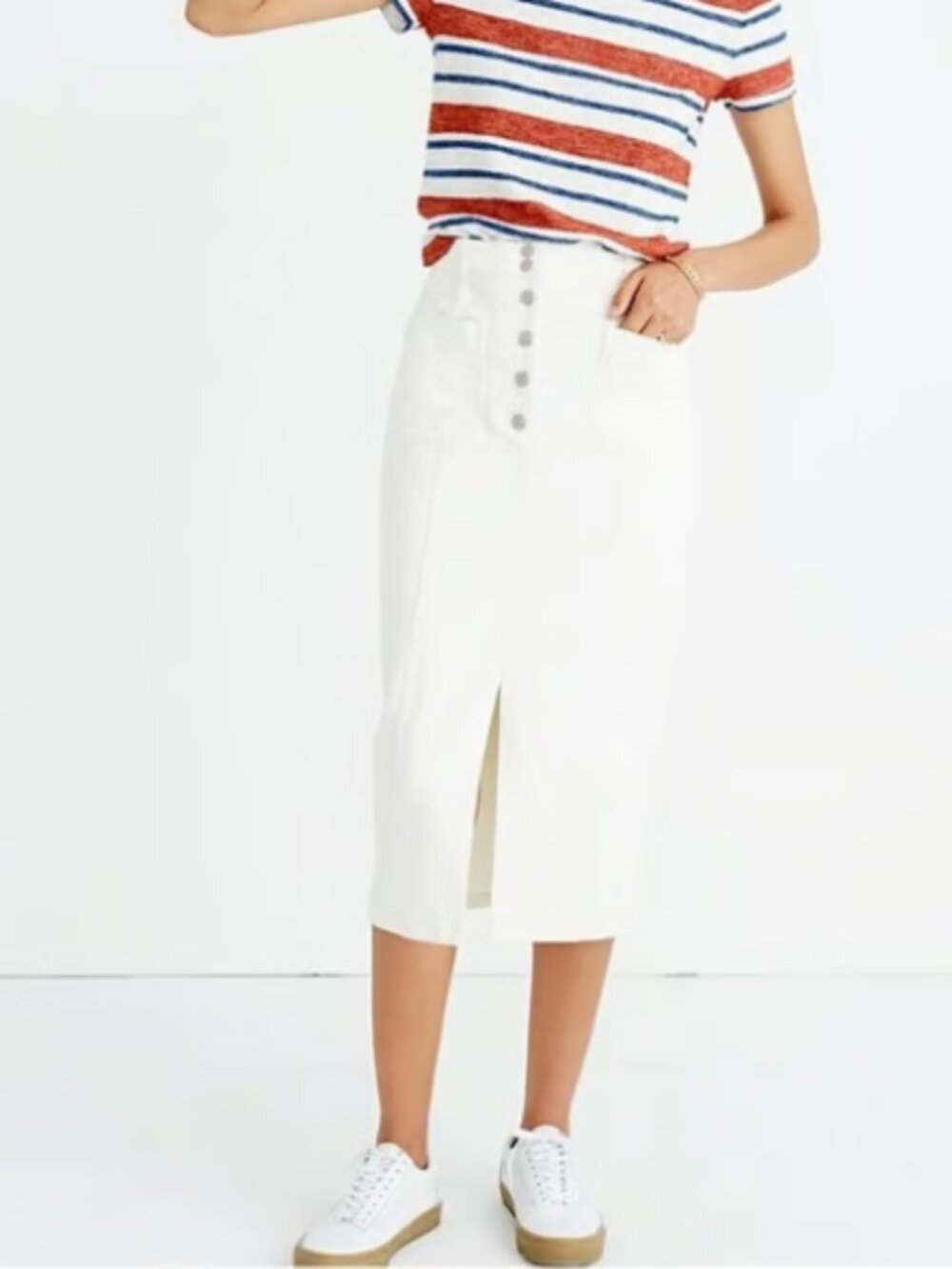 Madewell Off‑White Button Front Denim Midi Skirt — Size 31